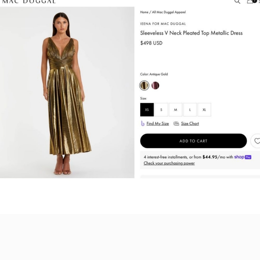NWT IEENA MAC DUGGAL XL V-Neck Pleated Top MetallicDress Gold 30761 - Picture 4 of 11